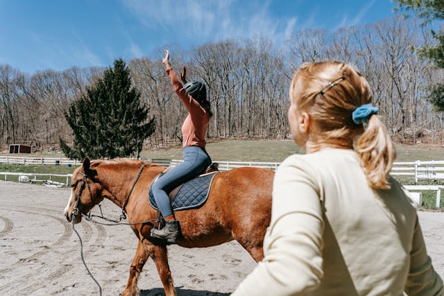 Equine assisted learning lesson with lady on horse back